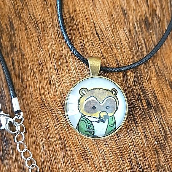 1970s Richard Scarry raccoon in suit book page necklace ooak original page brass - Picture 2 of 5